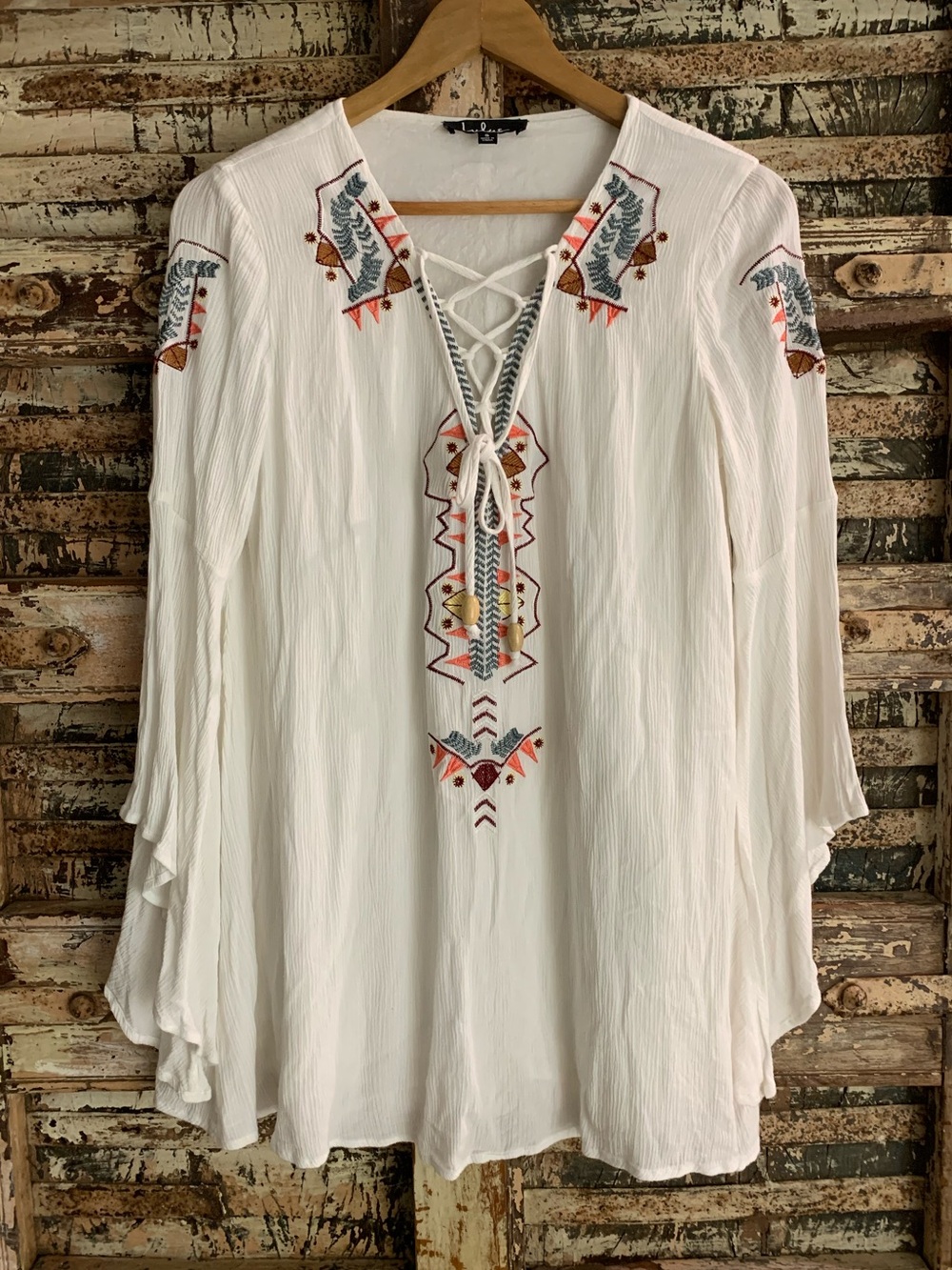 Lulus My Bell Boho Embroidered Lace-Up Women's Peasant Tunic Top, Flowy, S